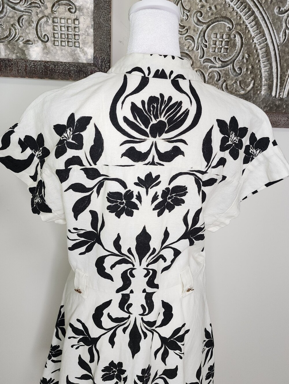 Zara Cream & Black Floral Linen Blend Button-Front Fit-and-Flare Dress Large - Picture 13 of 16